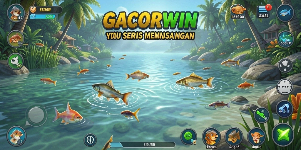 Screenshot utama GACORWIN menampilkan gameplay memancing yang seru dan menawan.