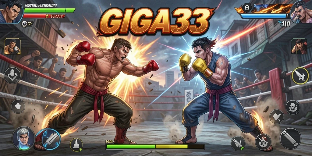 Tampilan seru dari GIGA33 dengan karakter Fighting dan arena menegangkan.