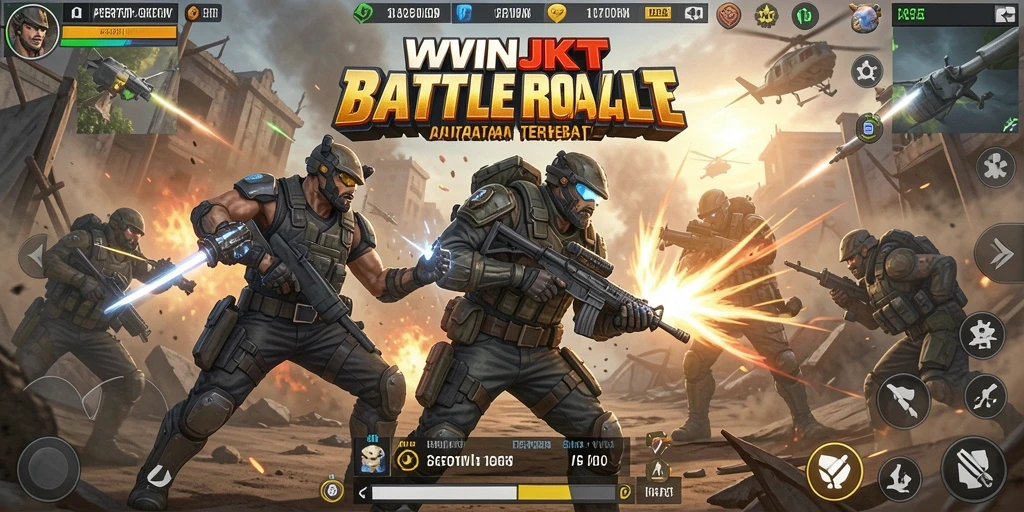 Screenshot gameplay <strong>WINJKT</strong> yang menunjukkan pertempuran epik dalam Battle Royale.